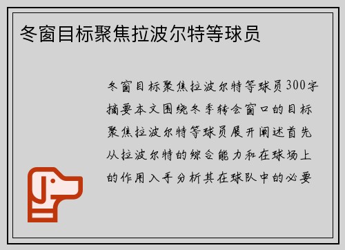 冬窗目标聚焦拉波尔特等球员